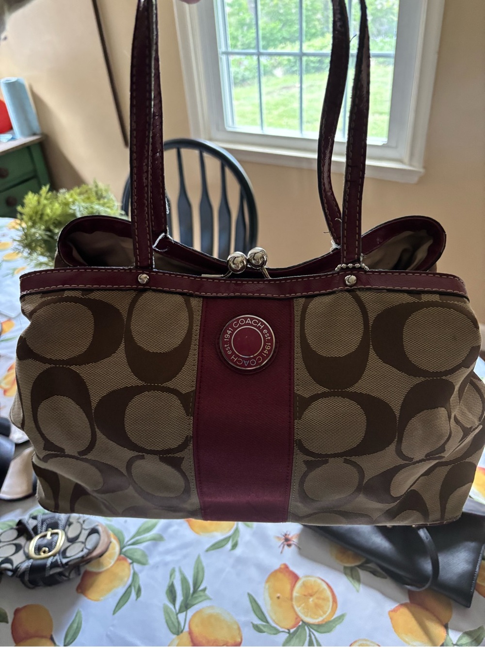 Coach Brown Signature Shoulder Bag with Burgundy Trim